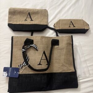 YOOLIFE Gifts for Women - Initial Jute Tote Bag & 2 Makeup Bags Personalized "A"